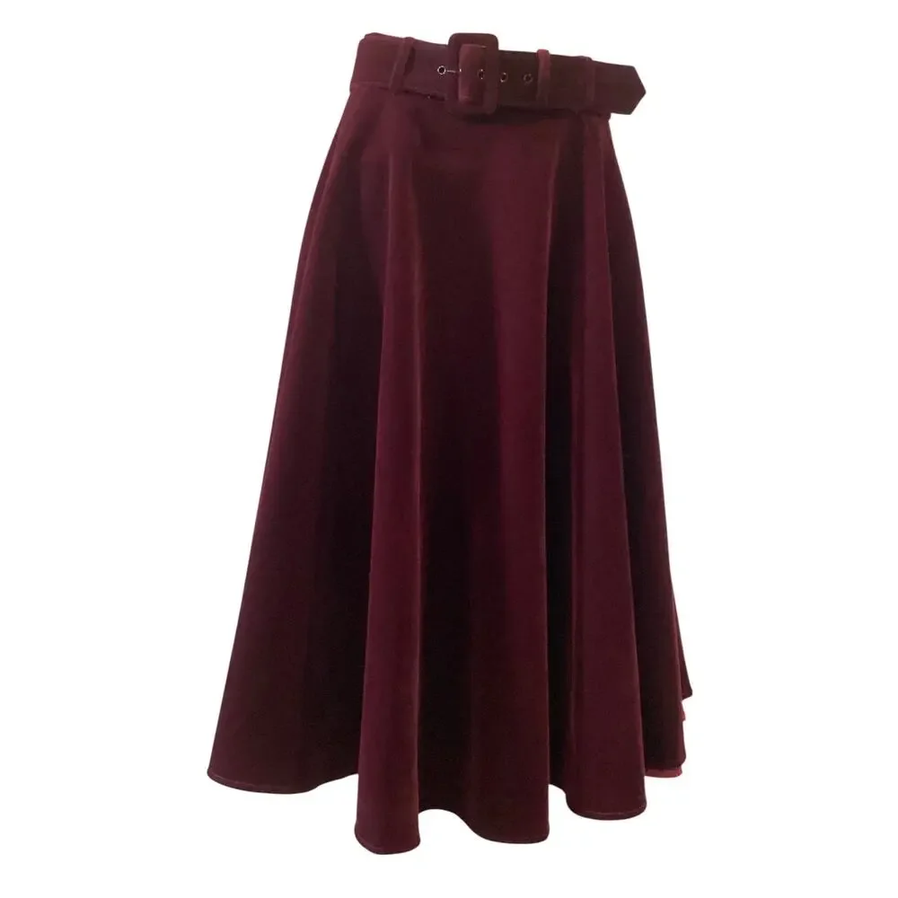 ModCloth collectif velvet swing skirt/A-Line belted midi skirt size S burgundy - Picture 1 of 9
